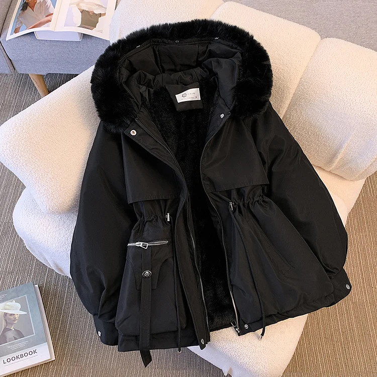 Chic Tight Waist Thickened Cotton-padded Loose Coat with Fur Collar