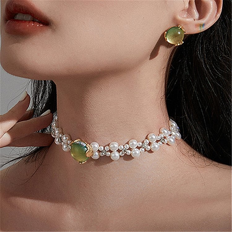 Vintage Artificial Gem Pearl Necklace Choker
