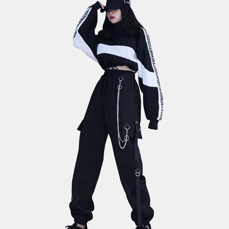 Sports Hoodie and High Waist Chained Cargo Pants Set