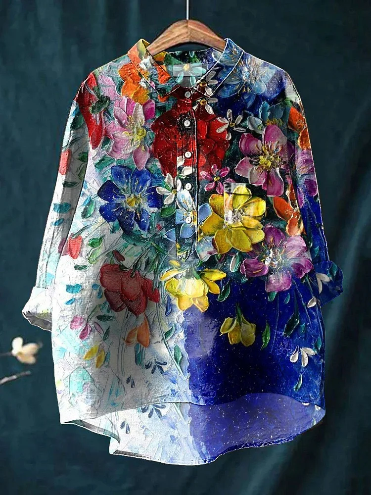 Chemise décontractée en coton-lin avec impression artistique brodée style rétro main image 0