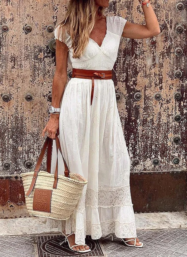 Lace/Solid Short Sleeves A-line Skater Elegant Maxi Dresses