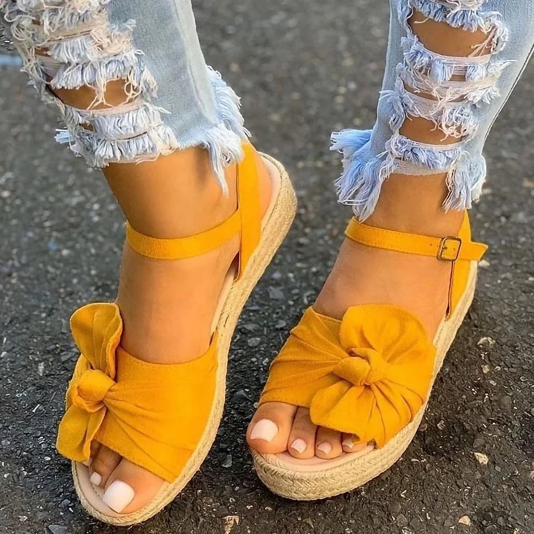 Letclo™ 2021 Summer Women Casual Platform Hemp Ladies Bowknot Buckle Strap Fashion Woman Peep Toe Sandals letclo Letclo