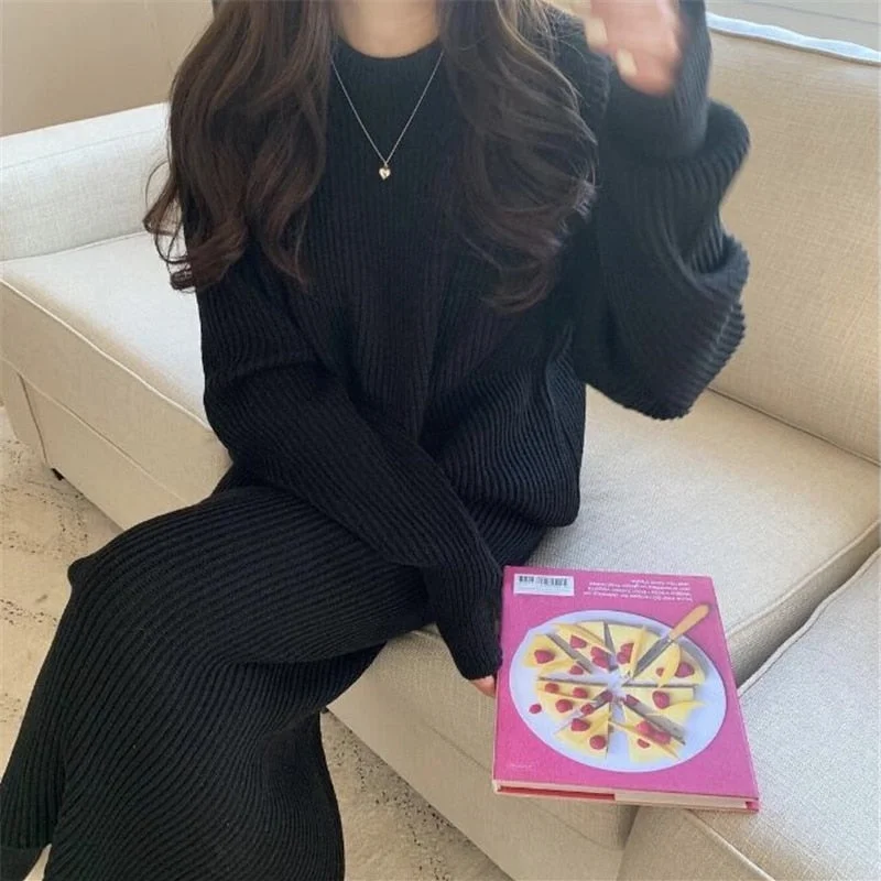 High Quality Winter Women's Costume Knitting Skirt Suit Long Sleeve Sweater + Slim Skirt Two-Piece Set
