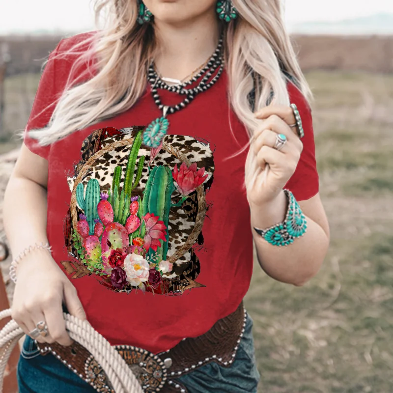 Leopard Cactus Graphic Women Casual T-shirt Designer