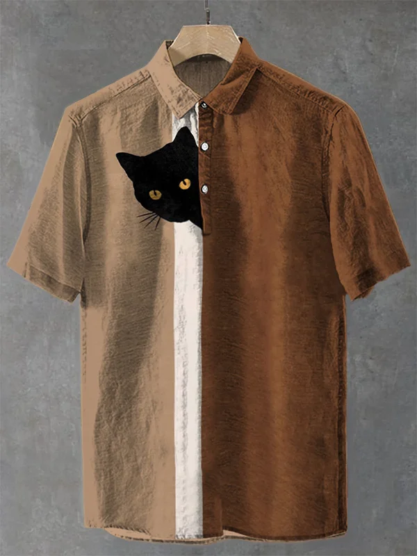 Men's Fun Hide And Seek Black Cat Print Half Button Casual Shirt