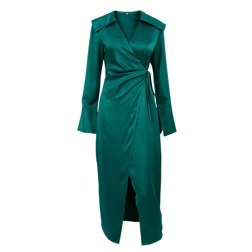 OOTN Office Lady V-Neck Satin Wrap Elegant Long Dress Women Green Long Sleeve A-Line Mid-Cal Dresses High Waist Split Dress 2021