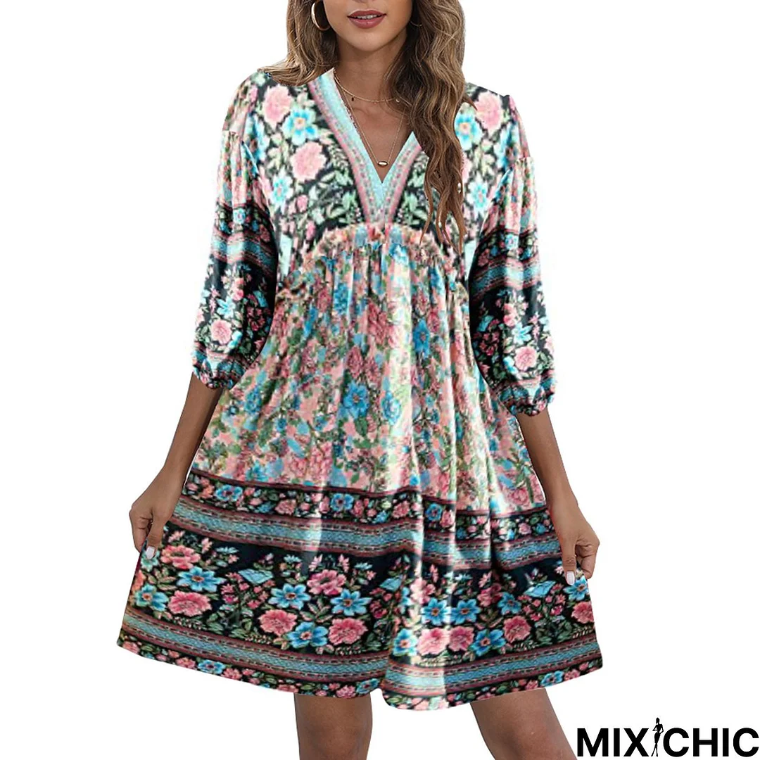 Bohemian Print V-Neck Bubble Sleeve Big Swing National Style Dress Women's Wear