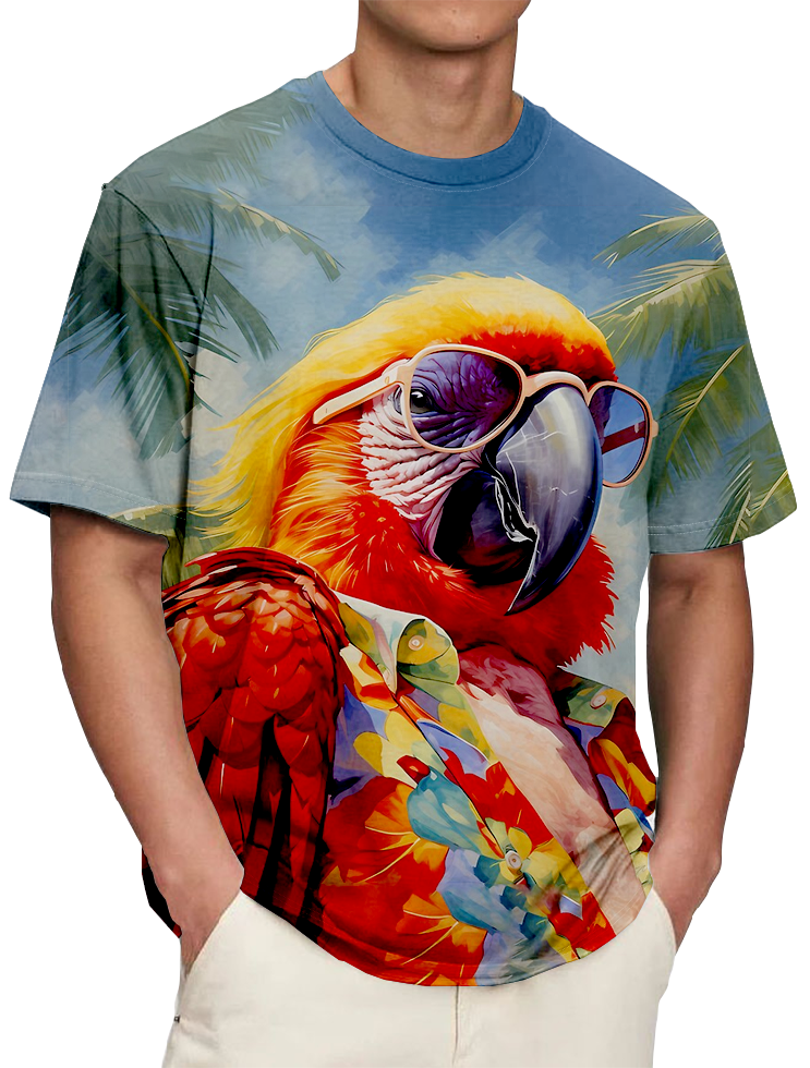 Men's Comfortable Hawaiian Mr. Parrot Print T-Shirt PLUSCLOTHESMAN