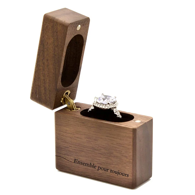 "Together Forever" Portable Slim Walnut Wood Ring Box for Proposal, Engagement, Wedding