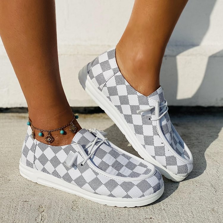 Checkered Pattern Lace-up Front Loafers -loafers