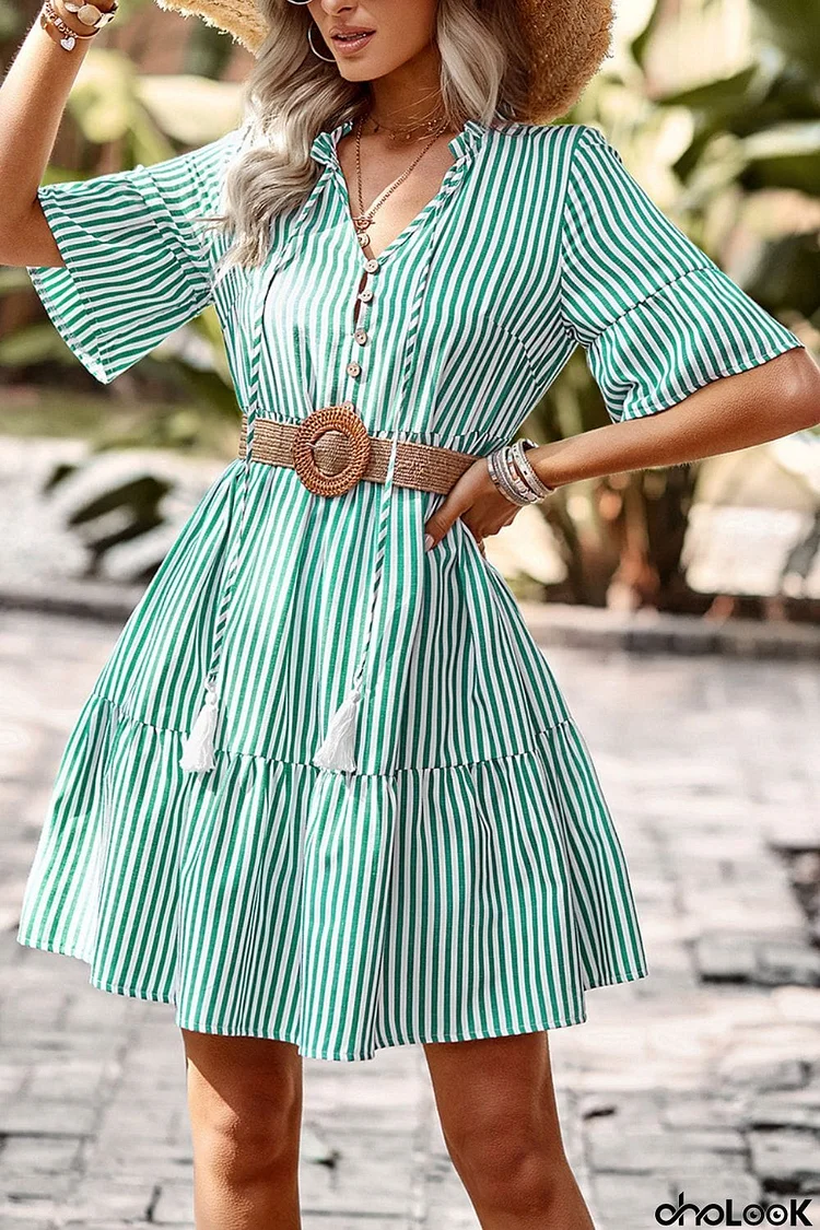 Striped Tie Neck Flare Sleeve Dress