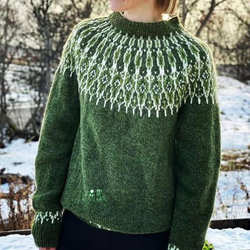 Iceland Wave Jacquard Crew Neck Knitted Sweater