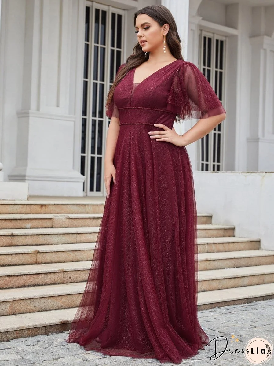 Elegant Golden Stamped Ruffle Sleeve Evening Gown