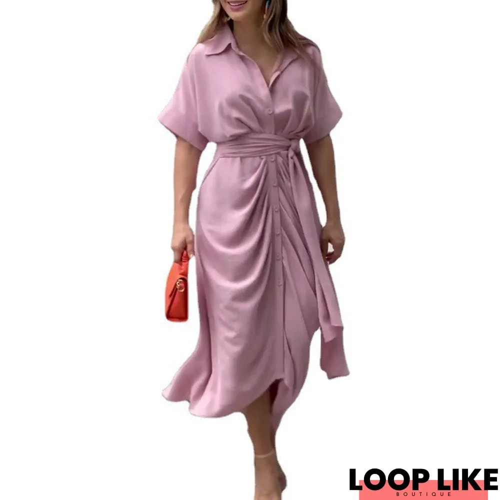 Lapel Mid Length Short Sleeve Single Breasted High Waist Shirt Dress