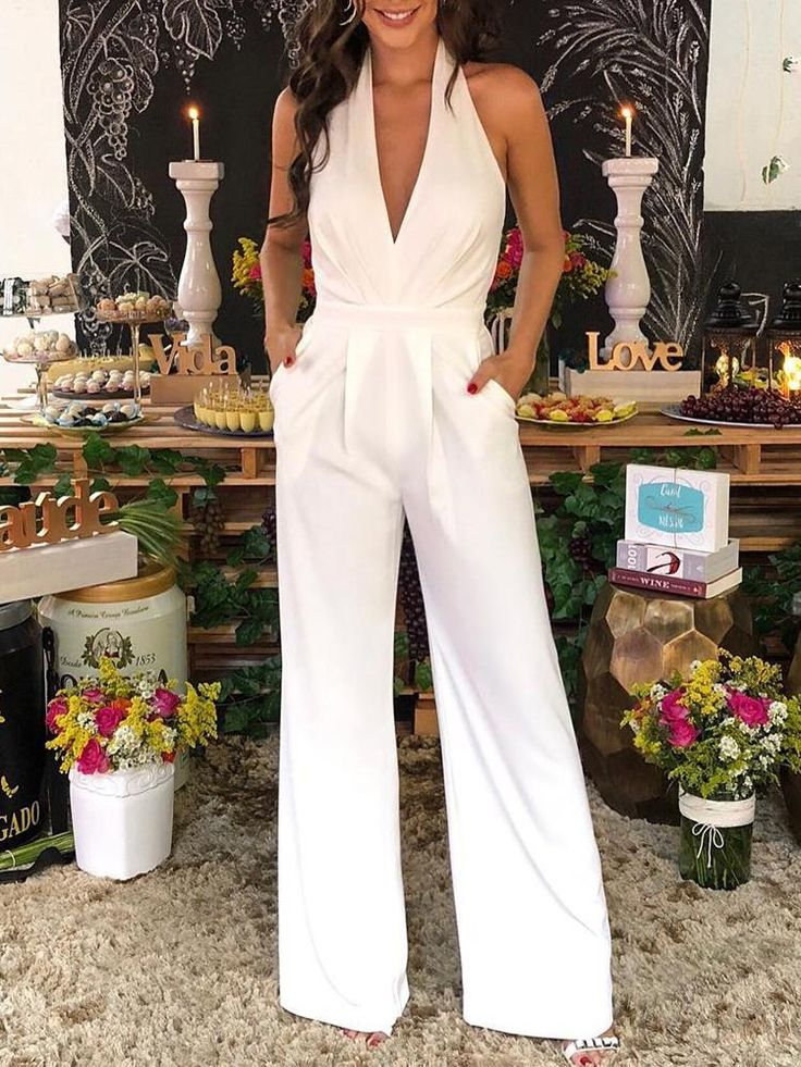 Lussooy White Halter Elegant V-Neck Wide-Leg Long Jumpsuit  