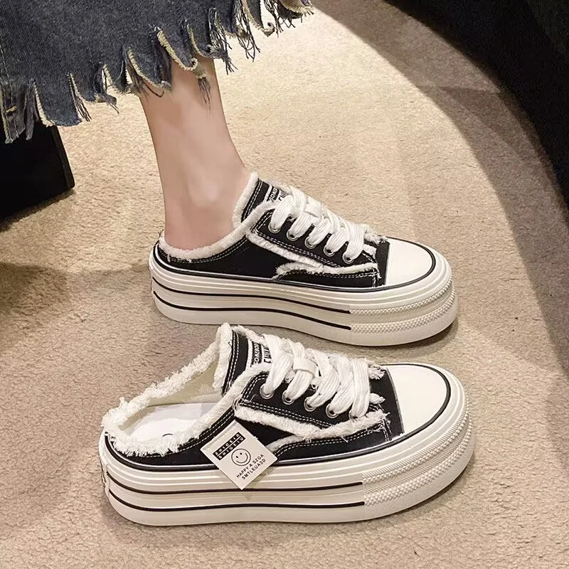 Churchf Churchf Quality Leisure After Empty Slippers Women Wear 2024 Summer New Canvas Shoes Thick Sole Half Mop Cake Women's Slippers