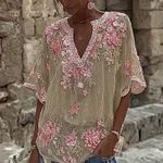 Women's Spring Floral Embroidered Art Print Flowy Linen Blend Casual Tops - Image 9