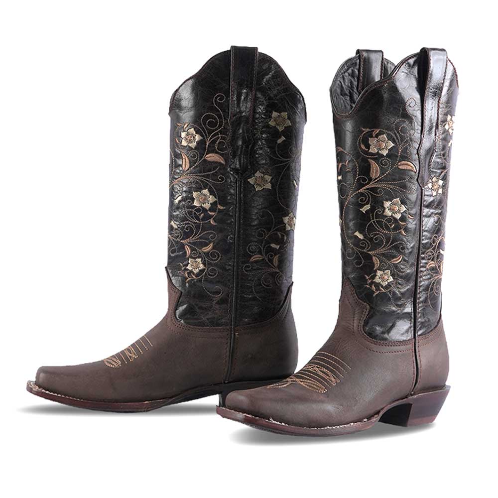 Brown & Black Patchwork Floral Embroidered Mid-Calf Cowgirl Boots Nicepairs