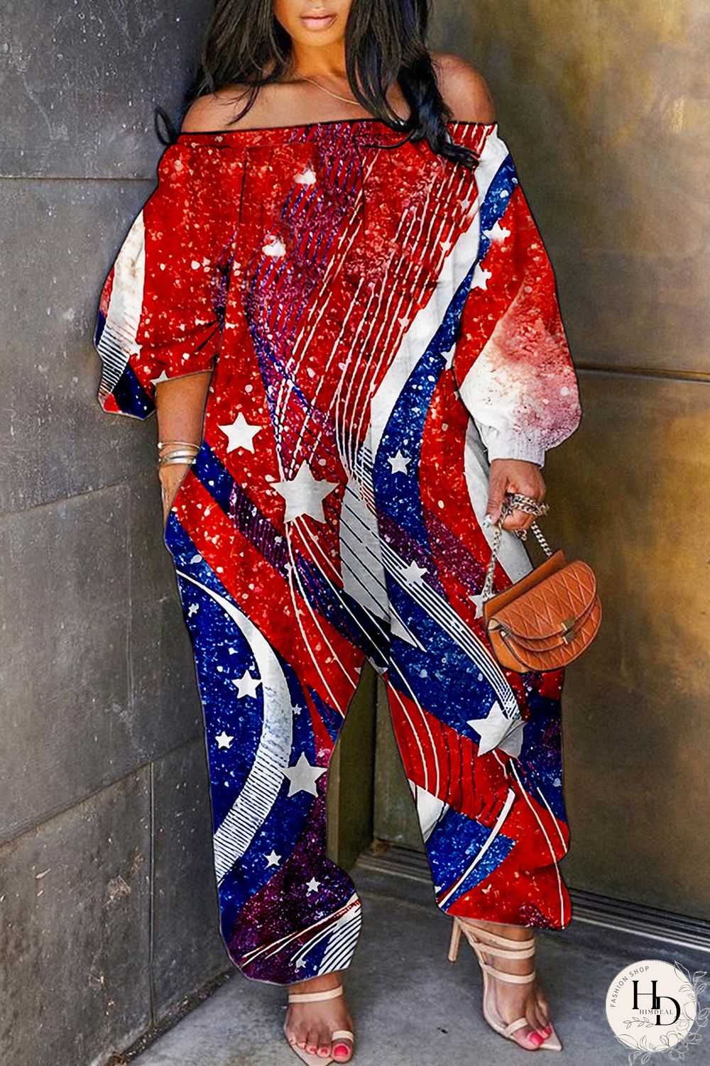 Red Blue Casual Print Backless Off the Shoulder Regular Jumpsuits