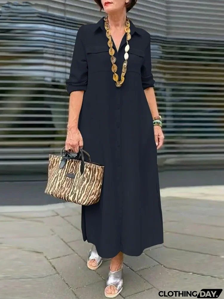 Women Fashion Casual Solid Color Long Sleeve Button Laps Plus Size Dress