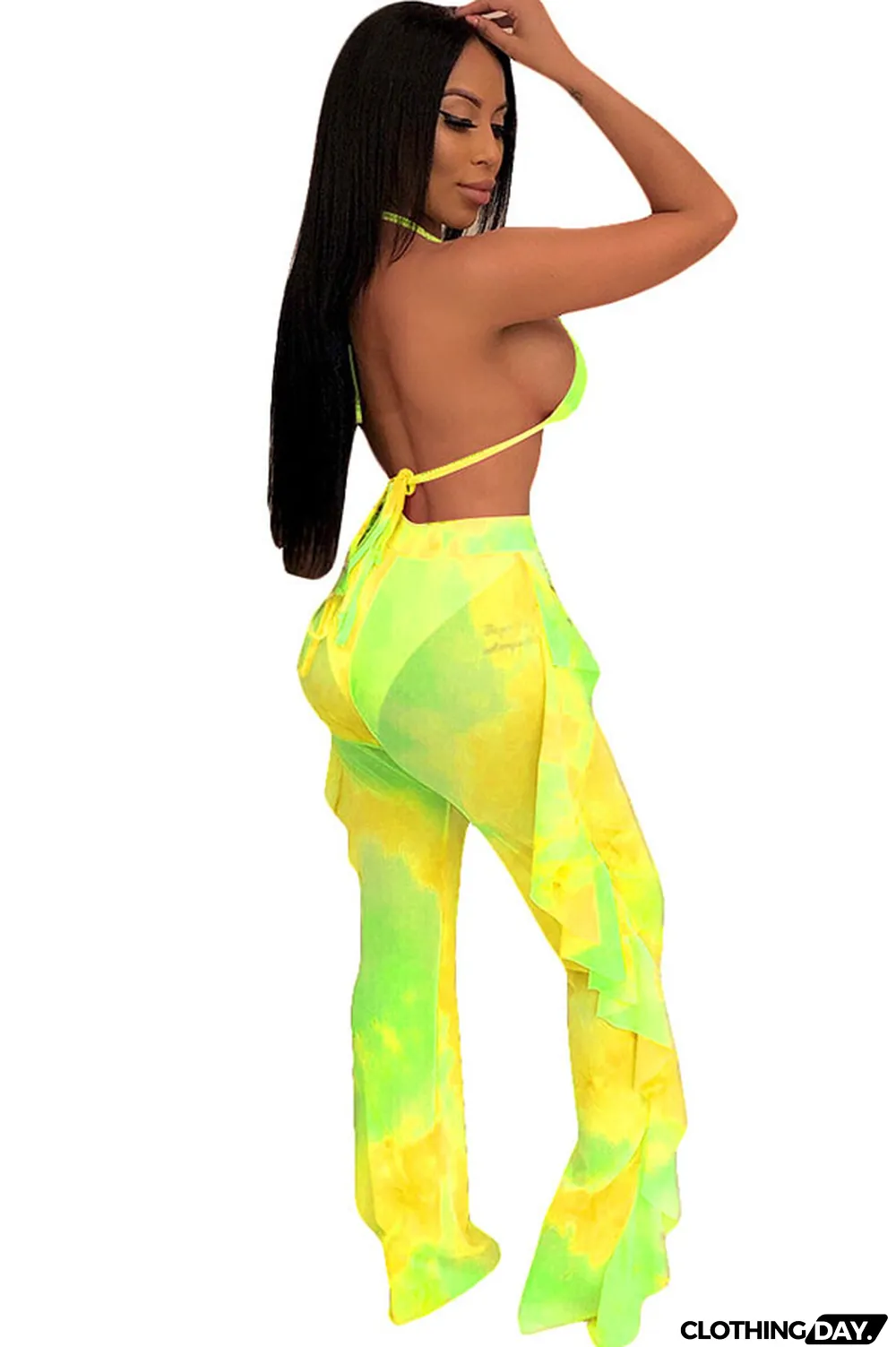 Yellow Polyester Sexy Fashion Stringy selvedge Print Tie Dye Patchwork Loose Sleeveless