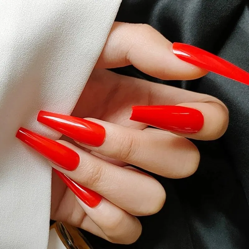 24pcs Rose Pattern Red Wine False Nail Fake Nails Coffin Glossy Press On Nails False Girls Ballerina full cover Fingernails Tips-Nail Inspo