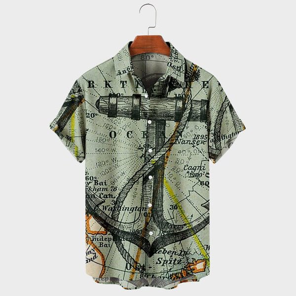 Mens Map Anchor Print Casual Specific Short Sleeve Shirt