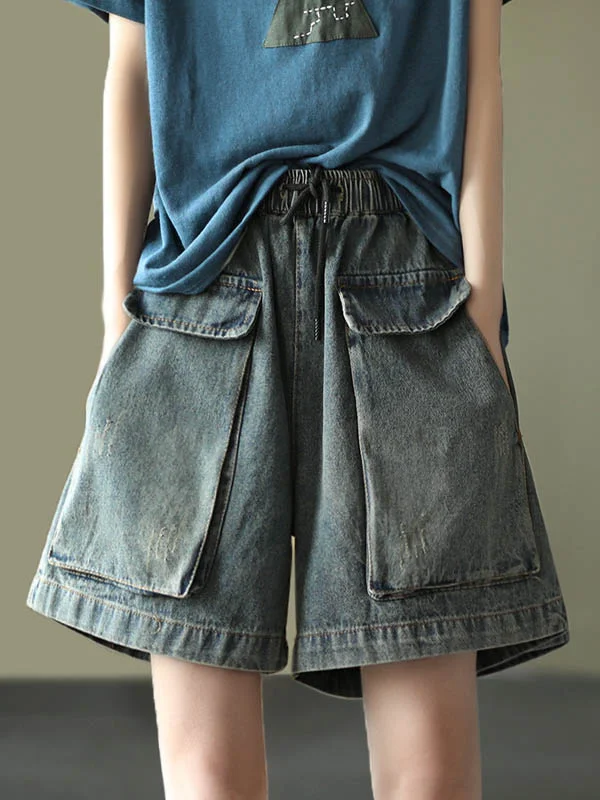 Original Pure Color With Pocket Wide-Leg Jean Shorts