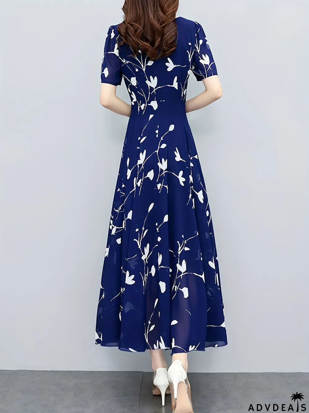 Floral Print Pleated Dress, Casual High Waist Short Sleeve V Neck Maxi Dress, Women's Clothing