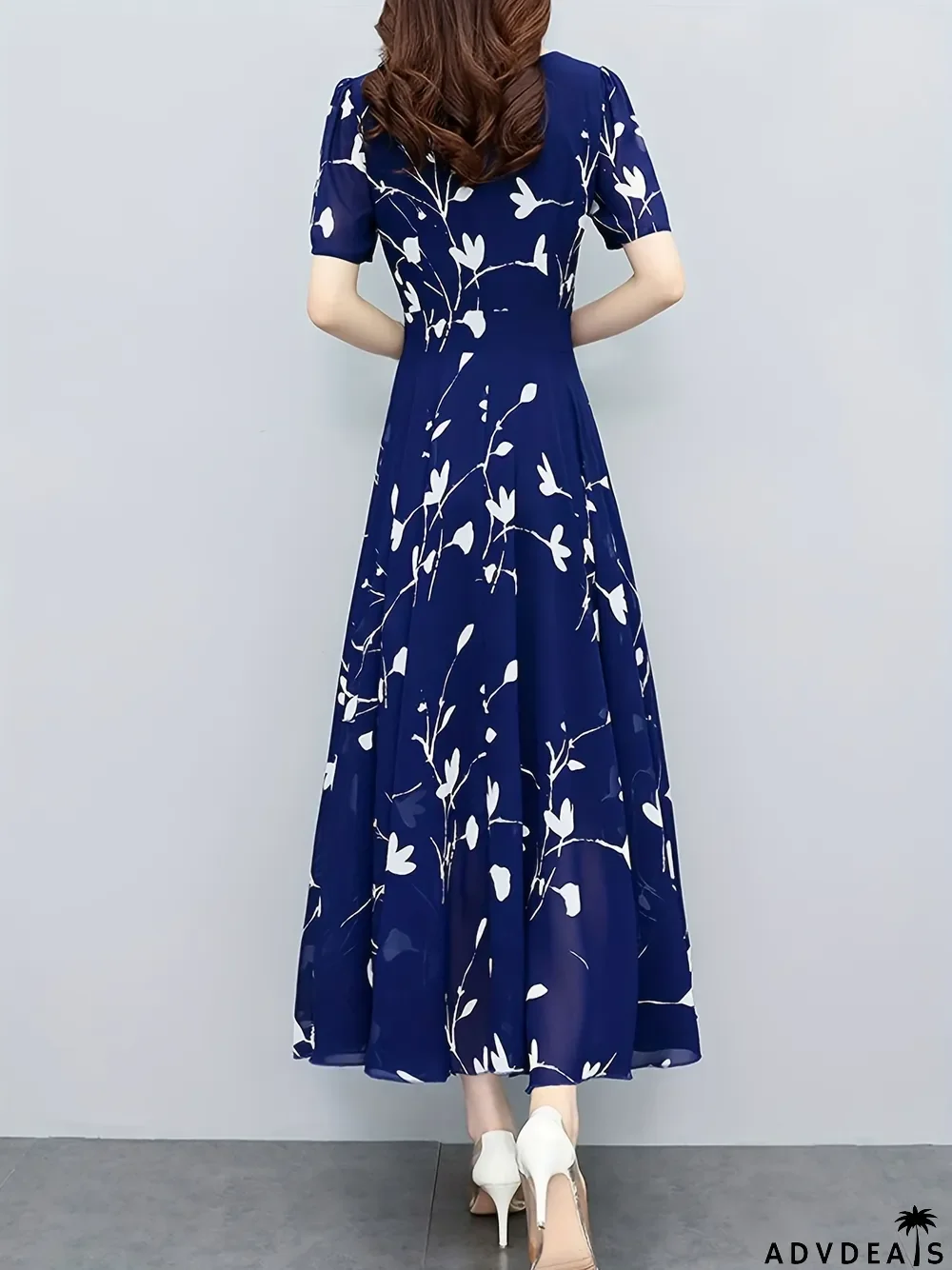 Floral Print Pleated Dress, Casual High Waist Short Sleeve V Neck Maxi Dress, Women's Clothing