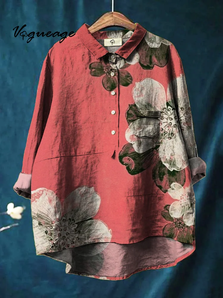 Simple Gentle And Generous Flowers Print Cotton And Linen Shirt