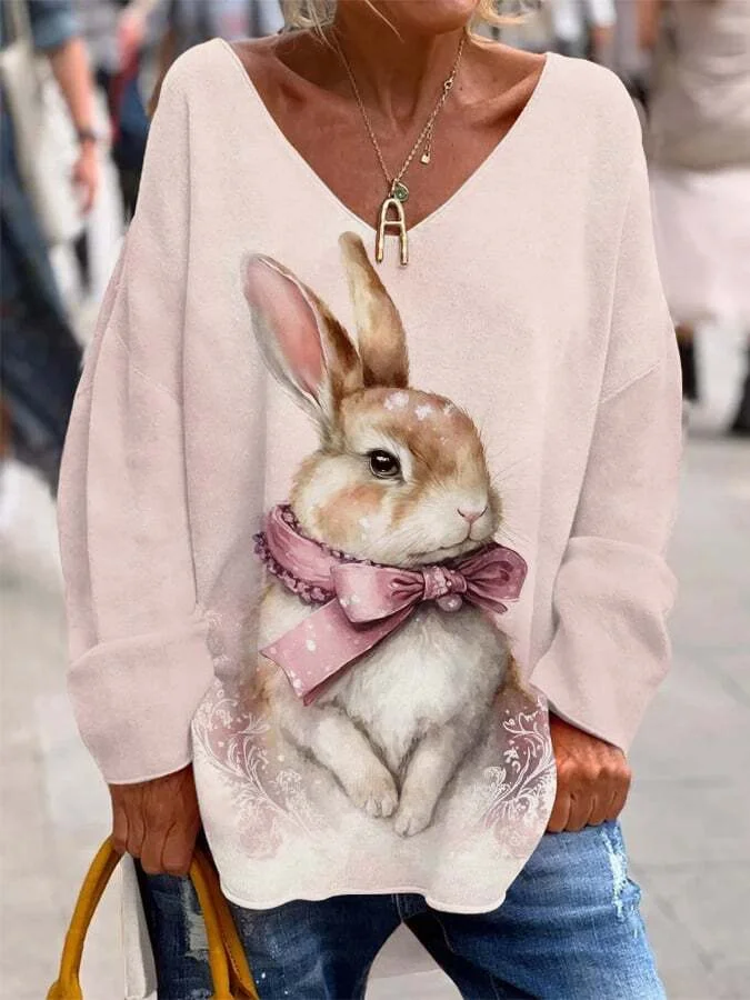 Women's Easter Cute Bunny Print V-Neck Top