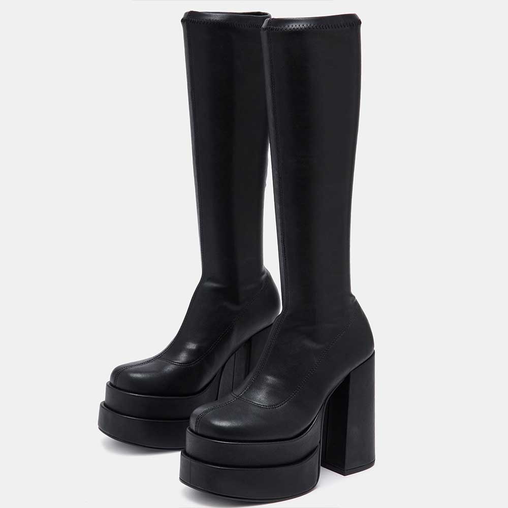 Black Round Toe Chunky Heel Knee-High Stretch Boots with Platform Nicepairs