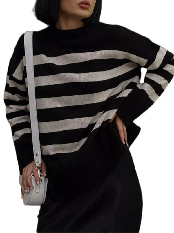 Nigikala Nigikala Autumn And Winter Women's Clothing Jacket Loose Round Collar Bump Color Knitted Striped Sweater Woman