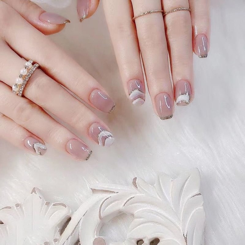 24Pcs Cute Love Heart Design False Nails Full Cover Fake Nail With Glue Flame Yin Yang Tai Chi French Short Coffin Press On Nail