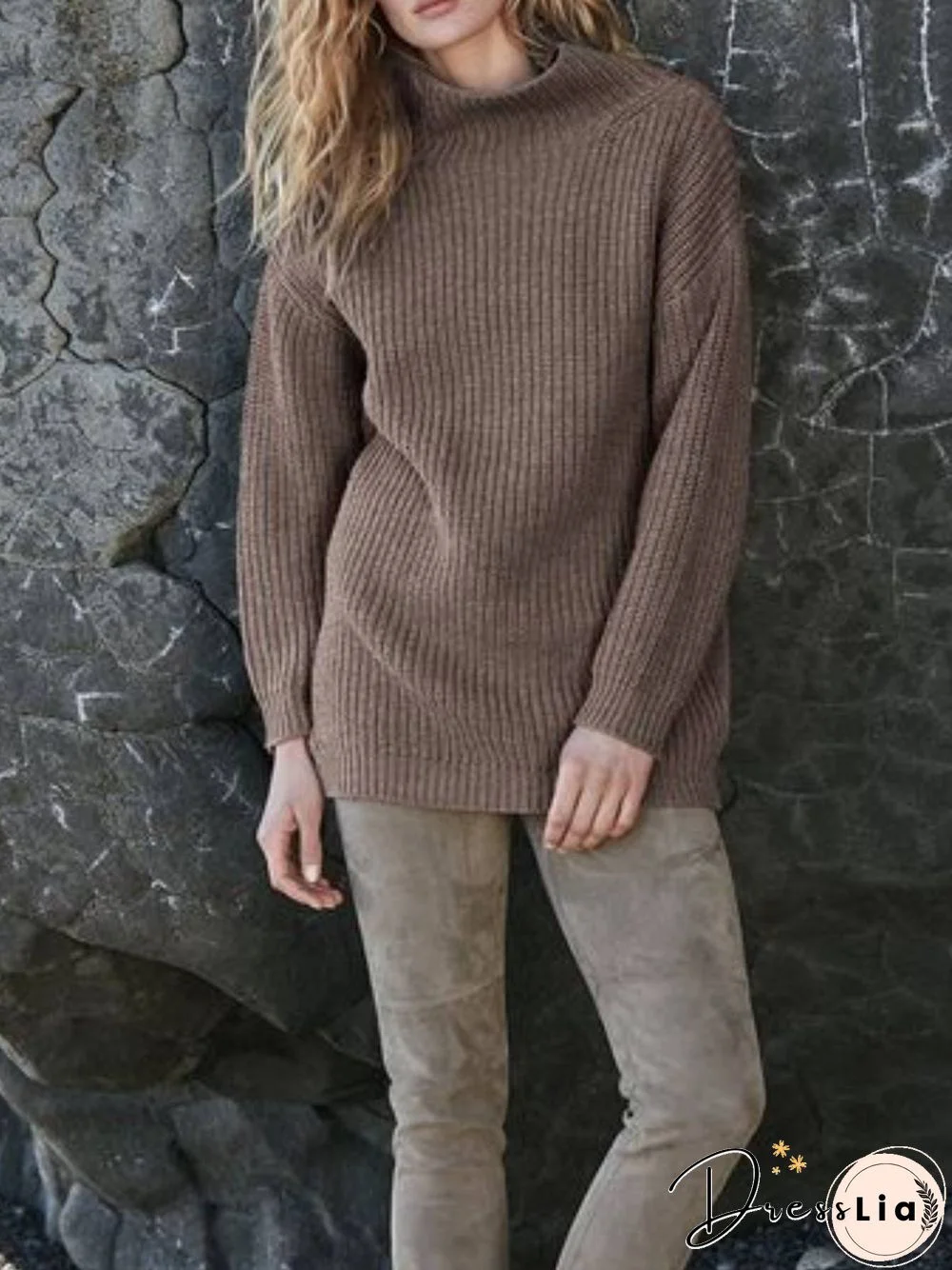 Brown Plain Shift Long Sleeve Sweater