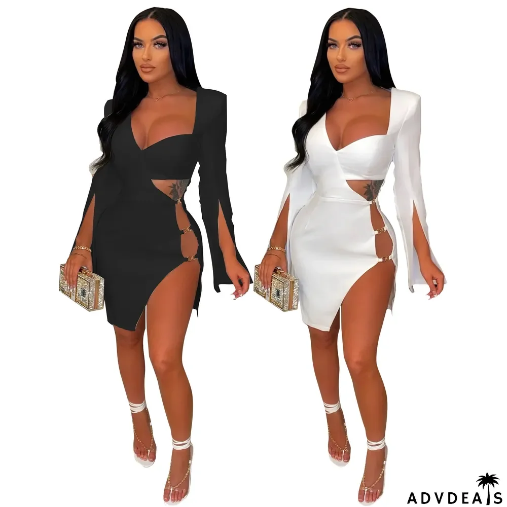 Plus Size Sexy Long Sleeve Hollow Out Mini Dress