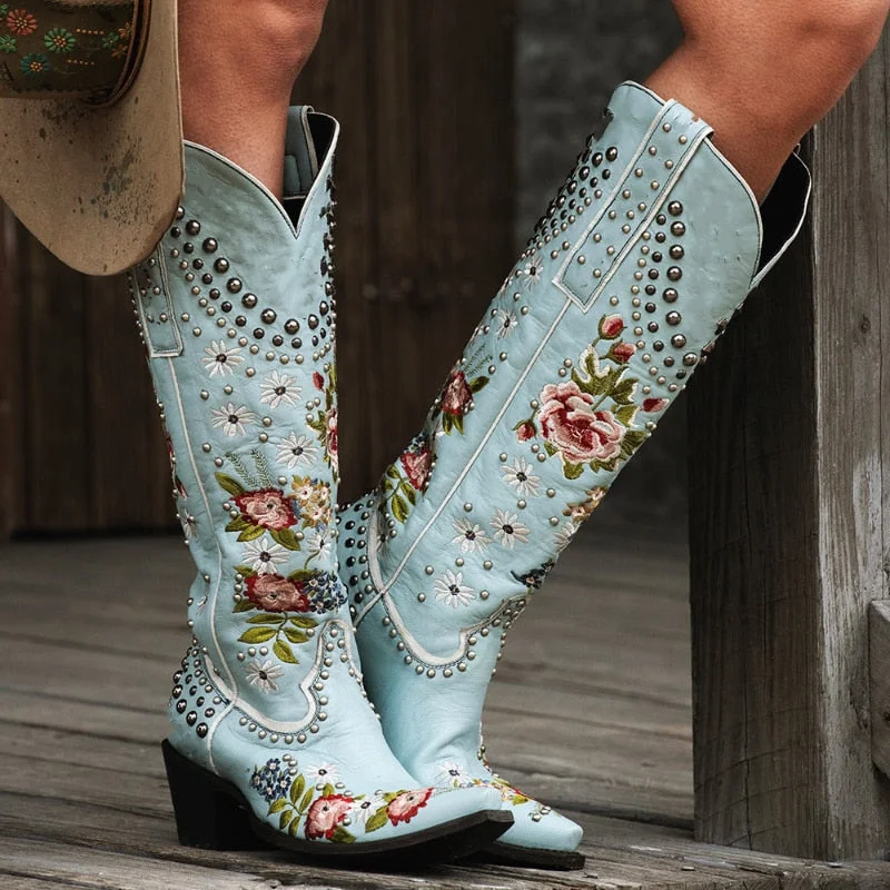 Vstacam Black Friday Women Rider Tall Boots Knee High Multicolor PU Pointed Toe Retro Floral Embroidered Rivets Fashion Street Outdoor Western Boots