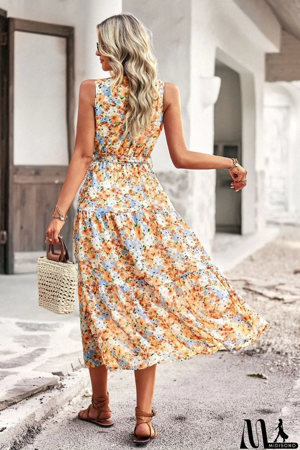 MidiSono - Floral Belted Surplice Sleeveless Tiered Dress