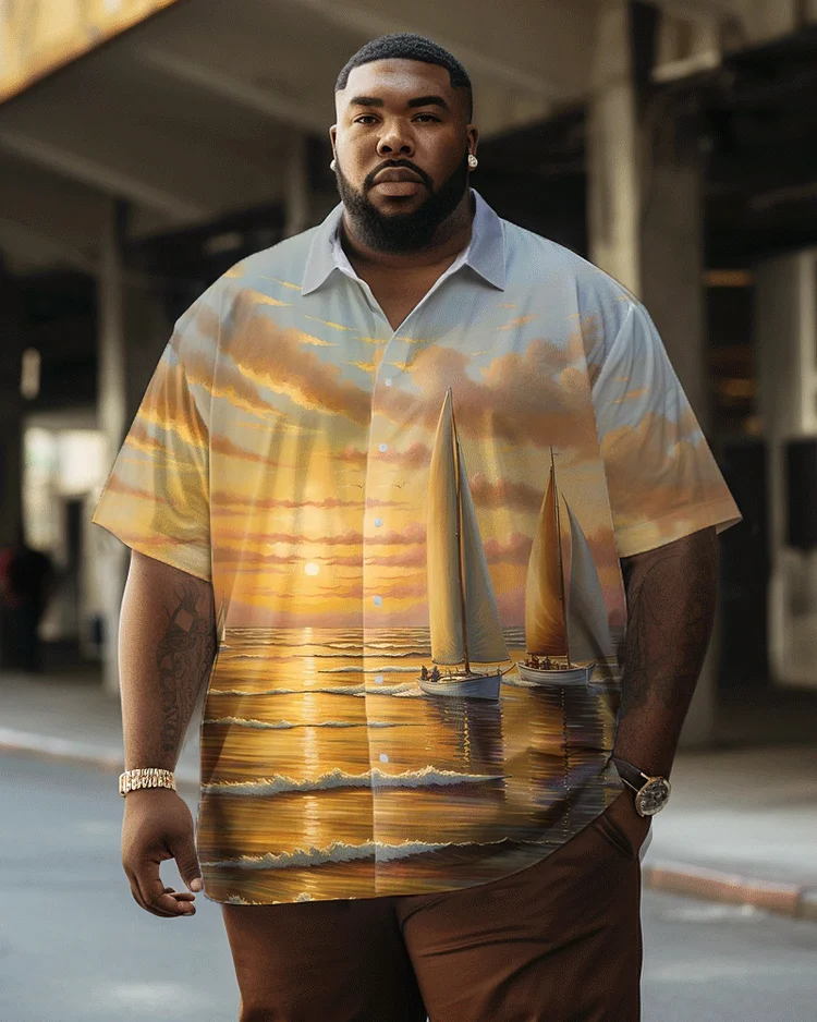 Sunset Sailboat Print Men's Oversized Hawaiian Shirt