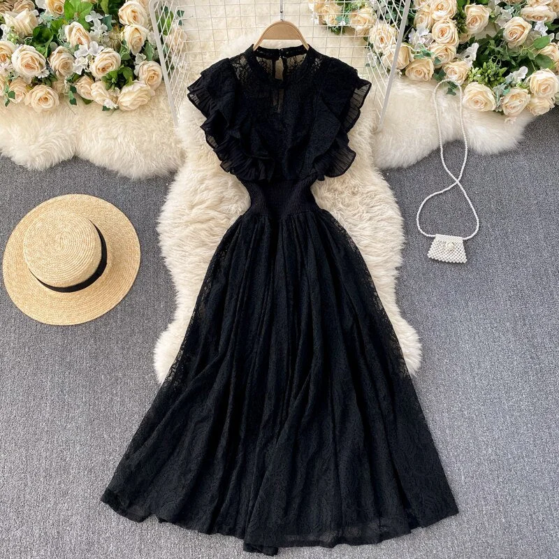 Croysier Dresses For Women 2022 Elegant Office Lady Ruffle Lace Dress Summer Clothes Sleeveless Round Neck Vintage Midi Dress