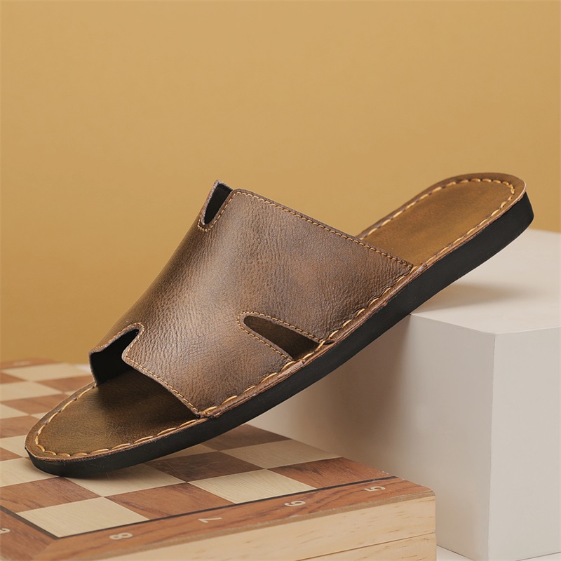 Arkget Shoes | Men's Premium Leather Sandals H-shaped Soft Sliders
