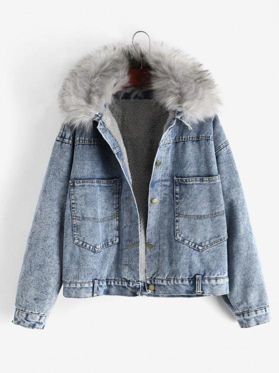 Fluffy Lined Denim Jacket With Detachable Faux Fur Collar