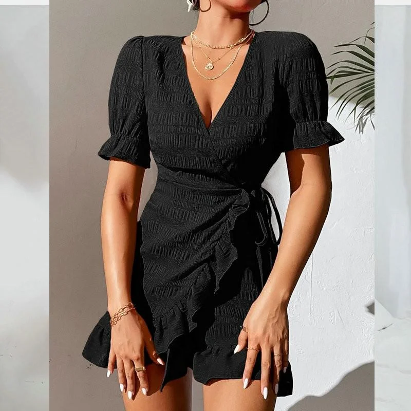 Jangj Deep V Neck Ruffle Trim Wrap Tie Side Dress Women Summer 2022 Butterfly Sleeve Ruffle Hem Casual Mini Dress Robe Femme