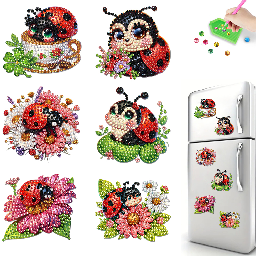 6Pcs Acrylic Ladybug Diamond Painting Fridge Magnet for Fridge Whiteboards