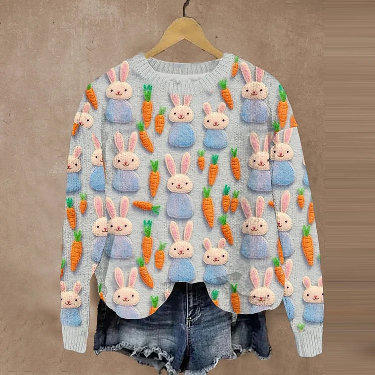 VChics Cute Bunny Print Knitted Pullover Sweater