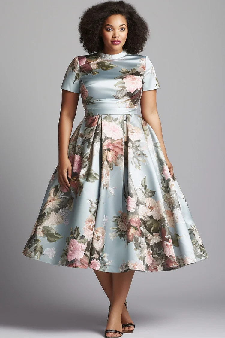 Flycurvy Plus Size Wedding Guest Blue Satin Floral Print Tunic Tea-Length Dress  Flycurvy [product_label]