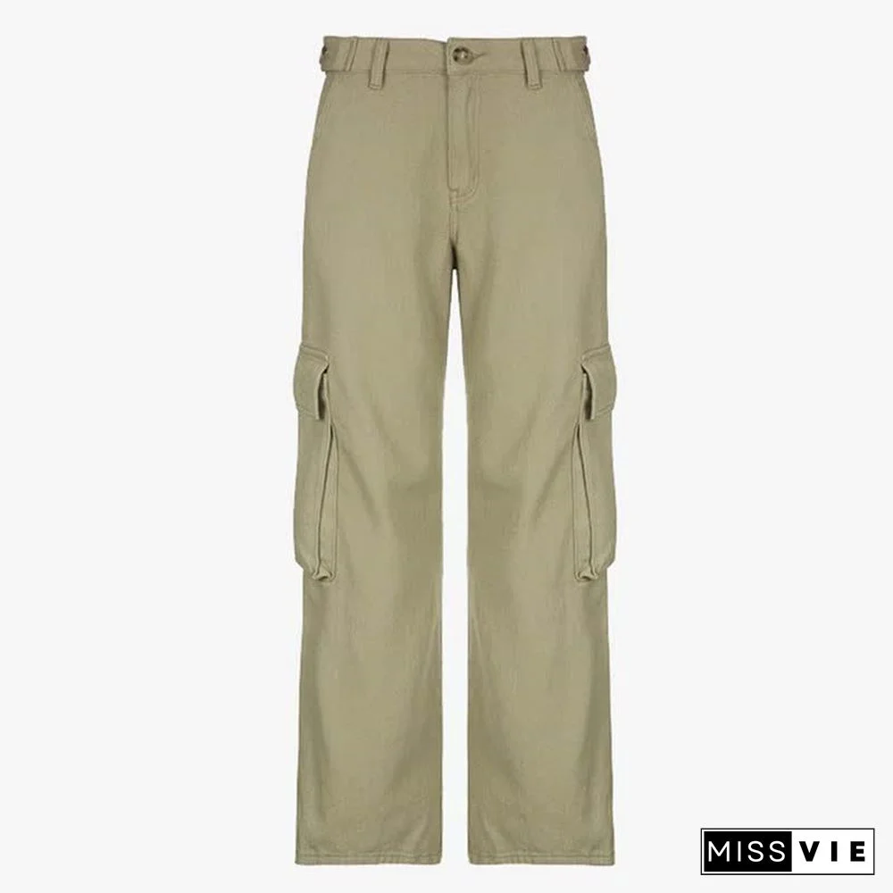 Vintage Pure Color Multi Pocket Cargo Denim Pants
