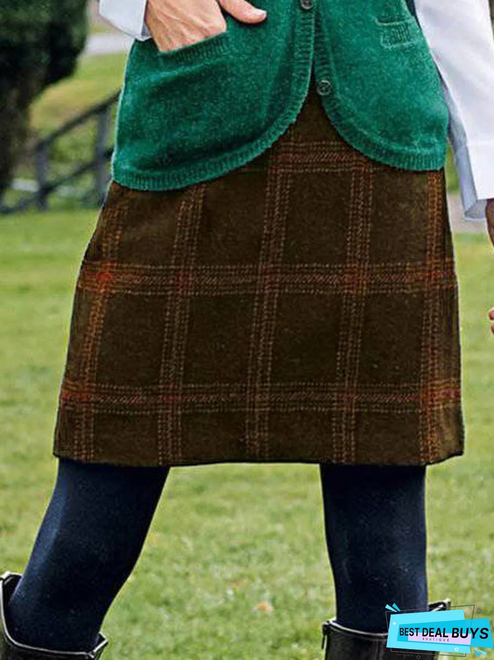 Multicolor Cotton-Blend Plaid Casual Skirt