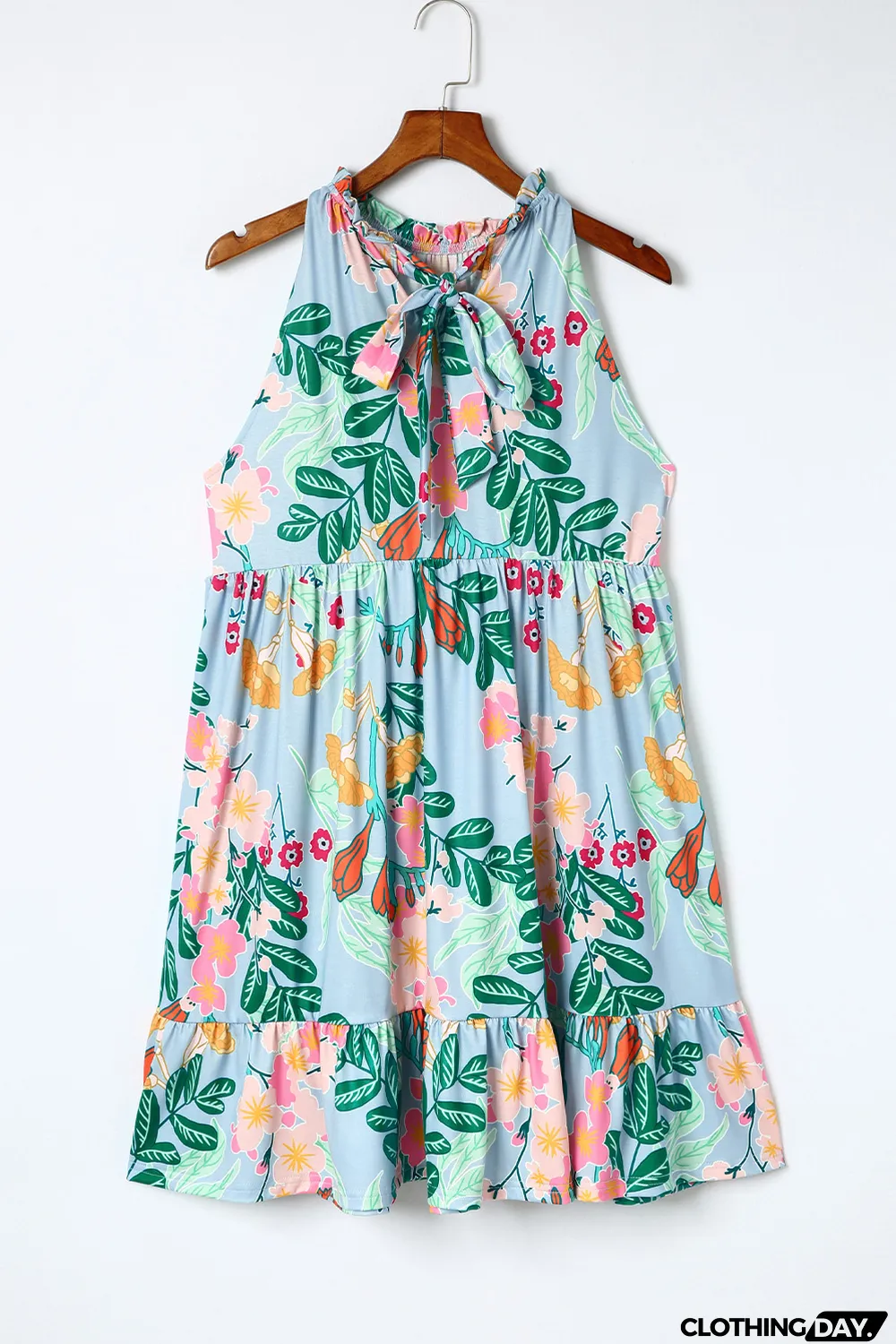 Sky Blue Floral Print Ruffled Lace-up Mock Neck Mini Dress